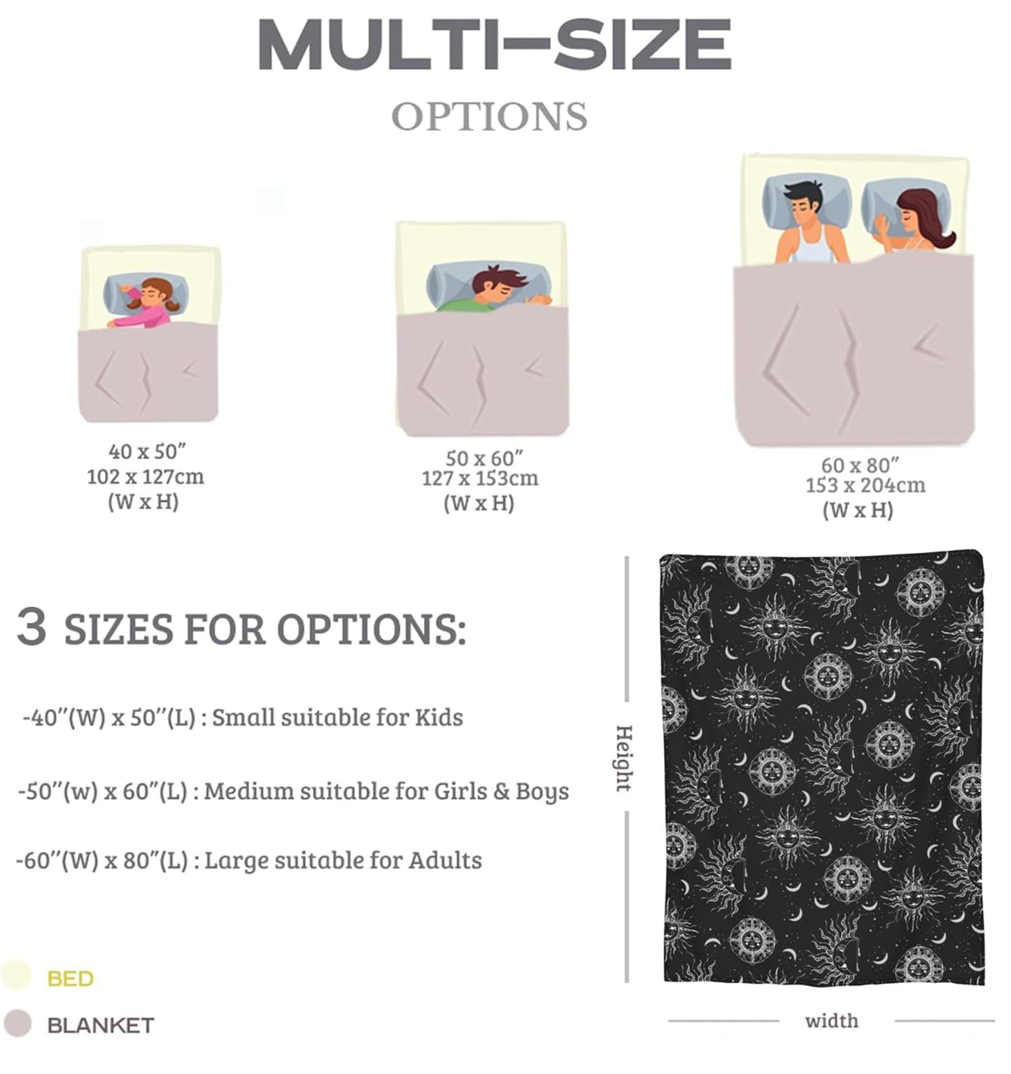 Sun and Moon Blanket 50"x40" Inch Cozy Fluffy Plush Crescent Moon Blankets Celestial Blanket Soft Flannel Hippie Throw for Men Women Boys Girls Christmas Sofa Bed Couch