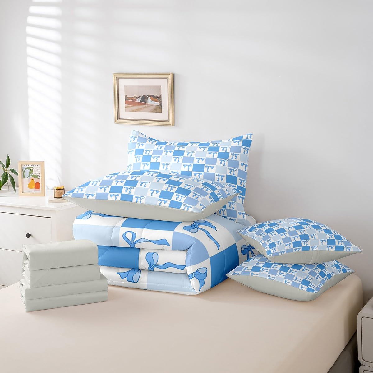 Erosebridal Ribbon Bow 7 Piece Bedding Set Twin Comforter Set with Sheets Princess Preppy Bowknot Kawaii Bed in a Bag Dreamy Grid Check Blue for Kids Girls Women