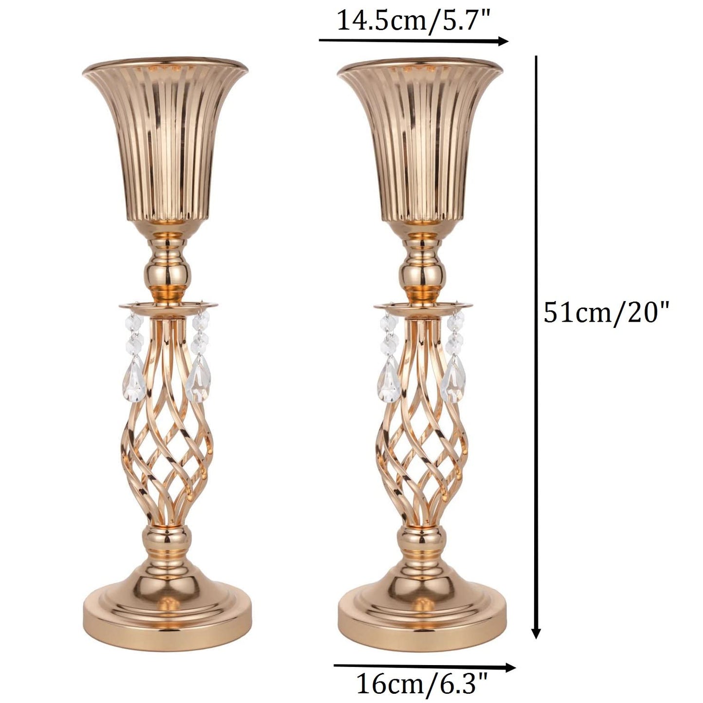 LoveCat Beaded Crystal Gold Vases: Set of 2 Elegant Metal Floral Vases, Trumpet Flower Holders for Table Centerpieces Wedding Banquets Birthdays Anniversaries Holiday Parties Events(20.2")