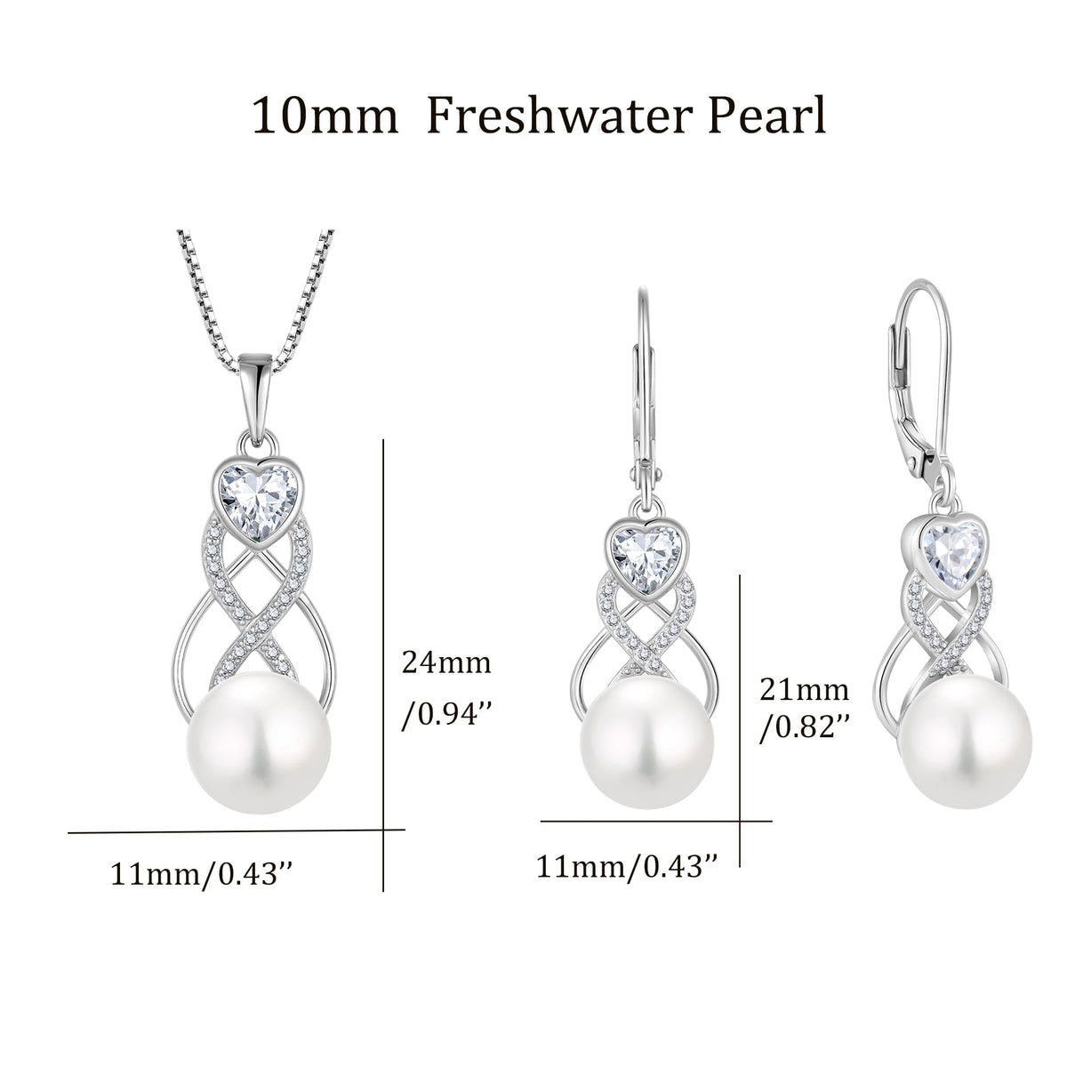 Pearl Earrings Necklace Jewelry Set for Women 925 Sterling Silver Heart Simulated Diamond Freshwater Pearl Jewelry Gift for Her