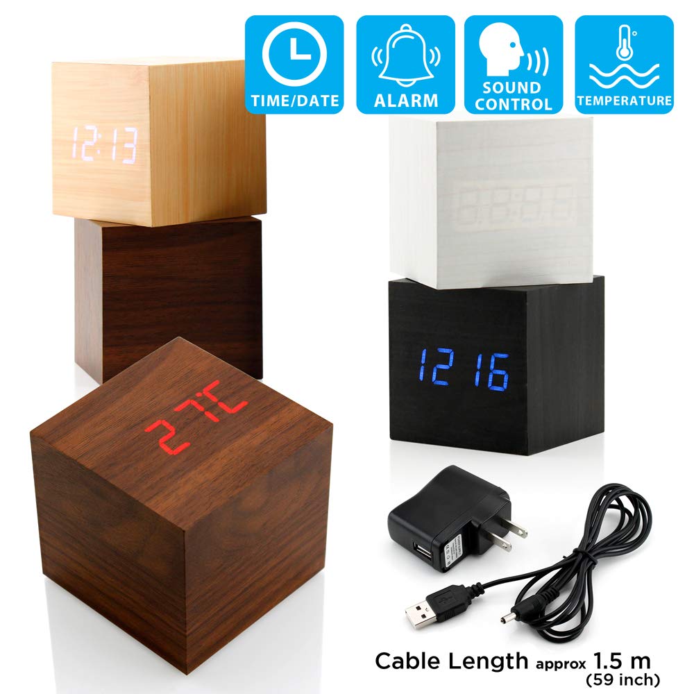 Digital Alarm Clock, Brighter Display Wooden Alarm Clocks, LED Clock For Bedroom, Small Digital clock with USB LED and Charger, Square Shape With Compatible Size Suitable For Bedrooms, Office-Brown