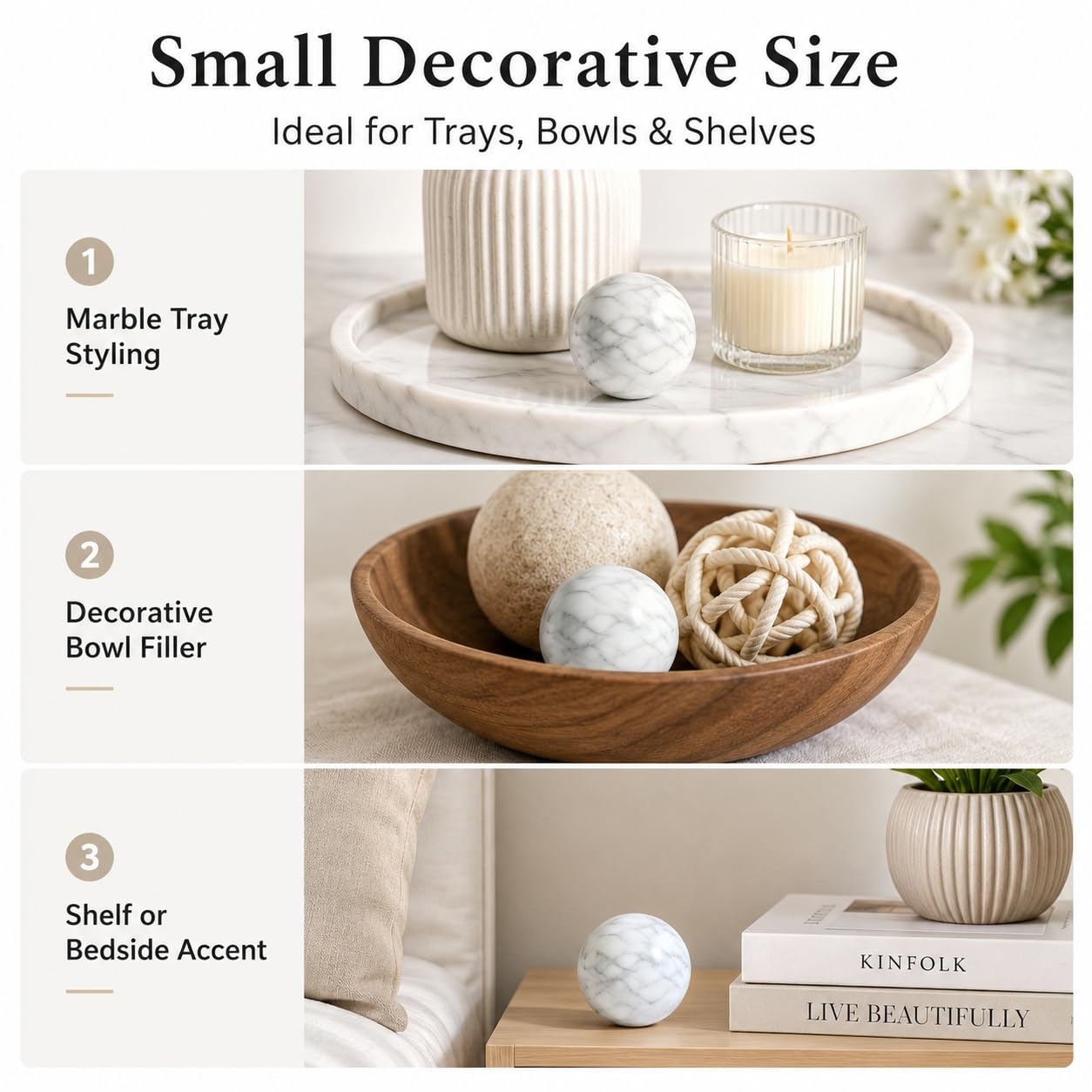 SIRIZEN-DIVING Natural Marble Decorative Spheres, Small Stone Bowl Filler Balls for Tray Styling, Shelf and Coffee Table Decor, 6 cm Diameter