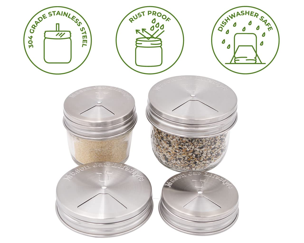 Mason Jar Lifestyle Adjustable Spice Shaker Lids for Regular Mouth Mason Jars – 4 Pack Stainless Steel Tops with Shaker and Pour Options – Seasoning Dispenser Lids