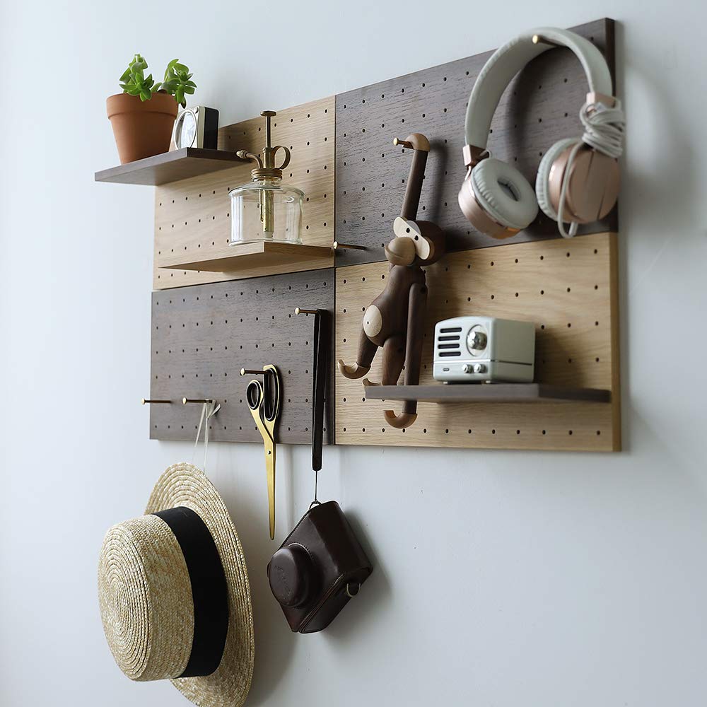 XAOHOME Wooden Pegboard, Sturdy Peg Board for WallsModular Grid Organizer, DlY Storage and Display Panels withShelves and Brass Hooks(Wainut Color)