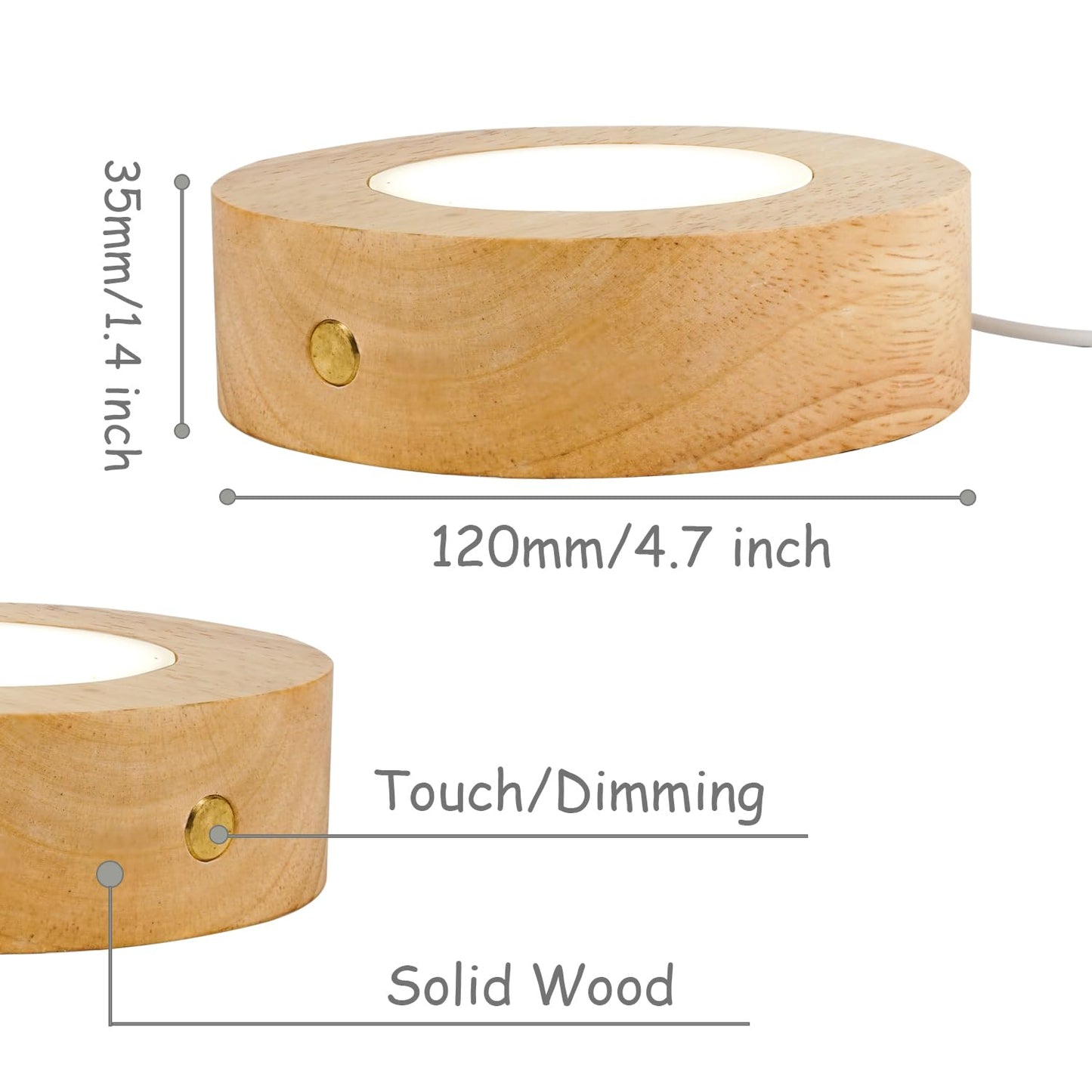FuoiCorn LED Light Stand for Glass Art - Dual Power Crystal Display Stand with Touch Dimmer, 4.7" Wood Base for 3D Acrylic/Crystal Decor & Collectibles