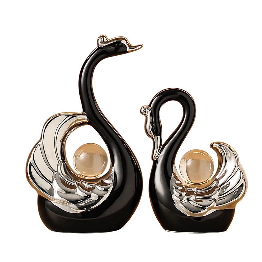 XINDAM A Pair of Swan Figurines Swans Statue with Crystal Ball Model Home Office Display Decorative Craft Living Room Decor (Black)