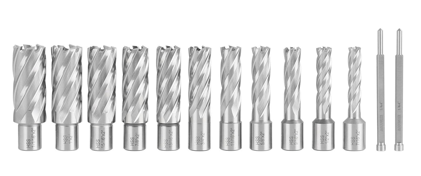 Accusize Industrial Tools 13 Pc 7/16'' to 1-1/16'' H.S.S. Annular Cutters, 2'' Cutting Depth, 3/4'' Weldon Shank, with 2 Pilot Pins, Strong Case, N2