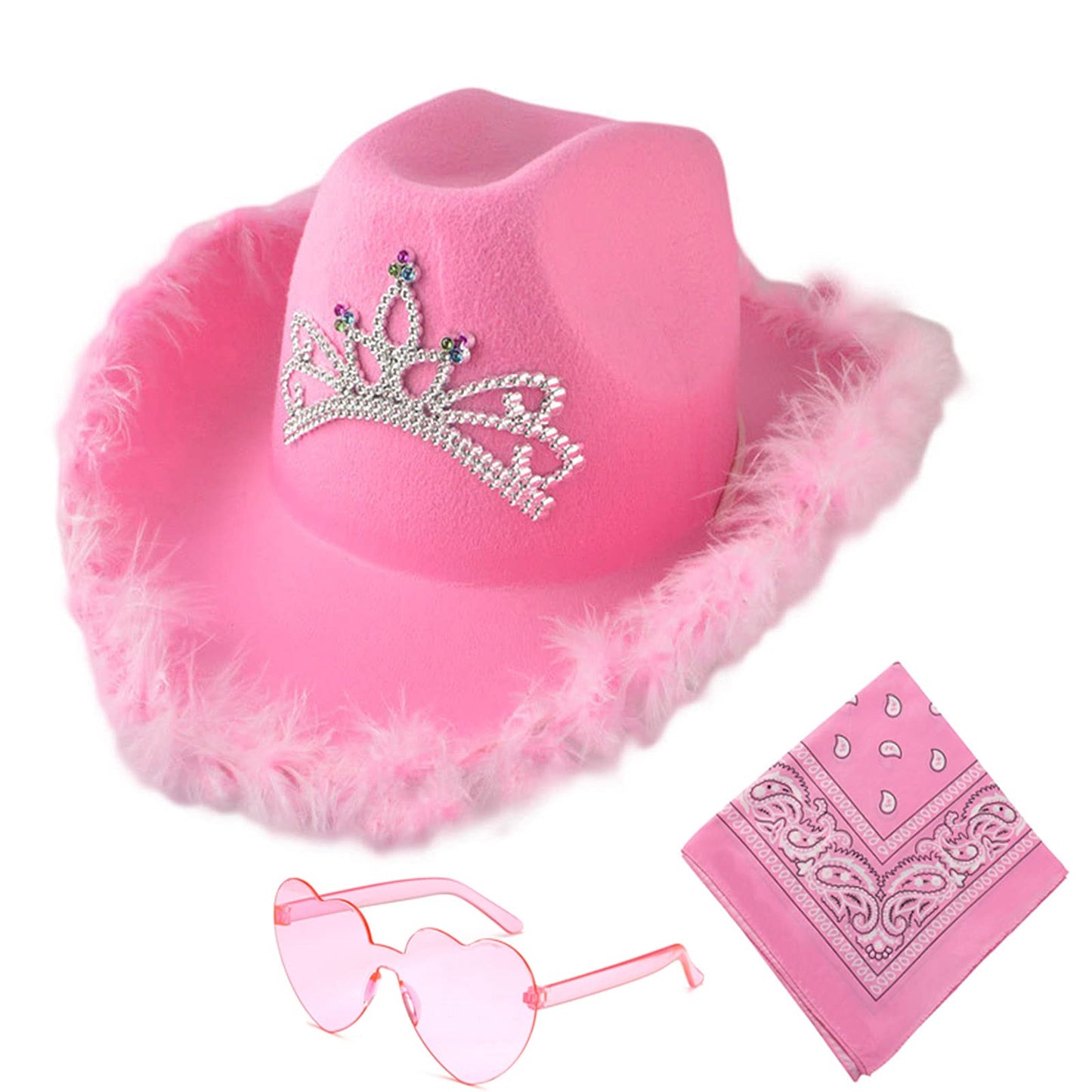 Sothuba Pink Cowgirl Hat with Feather Boa and Tiara Crown, Pink Cowboy Hat with Heart Sunglasses Bandanas for Women Girls Bachelorette Party Halloween Dress-Up