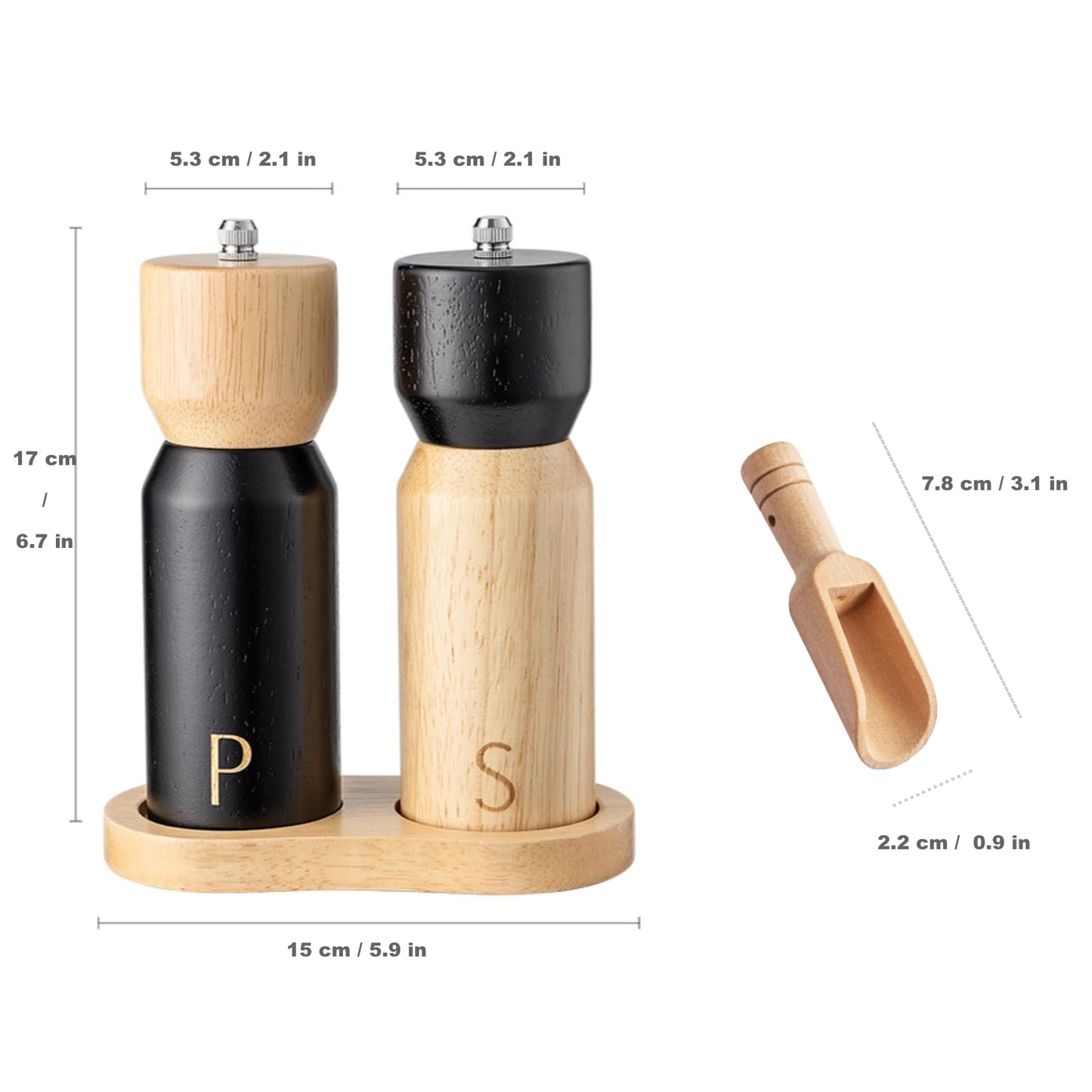 GCFTIFF Wooden Salt and Pepper Grinder Set, Refillable Salt & Pepper Mills Shakers,Manual Pepper Mill Made of Rubber Wood with Adjustable Ceramic Steel Core,with Wooden Stand & Spoon (2pcs 6.5 inches)