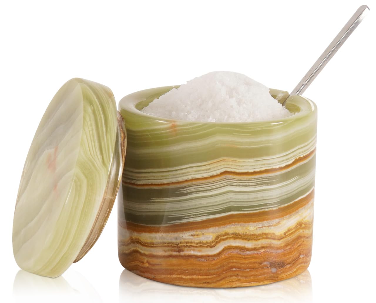 SPESHSTONES Marble Salt Cellar Green Onyx 3 Inch Handmade Stone Salt Containers for Countertop, 5.2 oz Sugar Jar with Lid and Spoon, Salt Bowl, Marble Salt Holder to Store Table & Flaky Salt