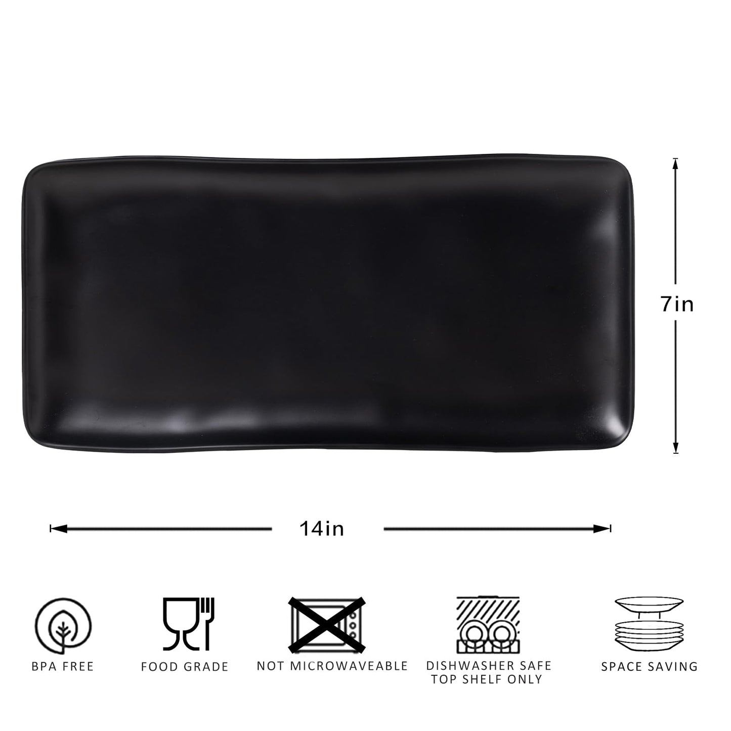 ZAROCRUS Melamine Rectangular Serving Platters and Trays set, set of 4,14” x 7” Matte Black Party Platter for Serving Food, Salad, Cheese and Fruits, Dishwasher Safe Trays/Platters for Entertaining