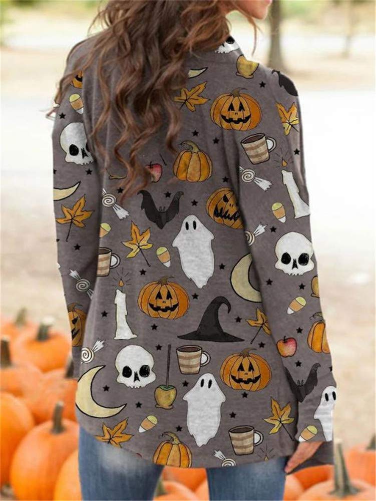 BOUTIKOME Women's Halloween Cat Pumpkin Cardigan Long Sleeve Open Front Knit Outwear Coat Plus Size Knitting Sweater Top(Gray, M)