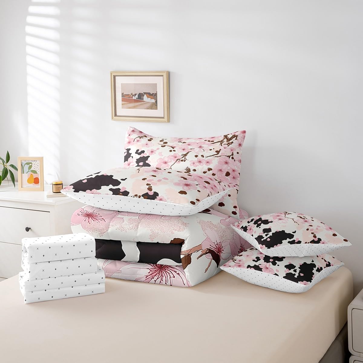 Erosebridal Pastel Pink Cherry Blossom Full Size Bed Sheets and Comforter Set,Western Cowhide 7 Piece Bedding Set Rustic Flowers Bed in a Bag,Farm Animals Skin Cow Print Bed Sets