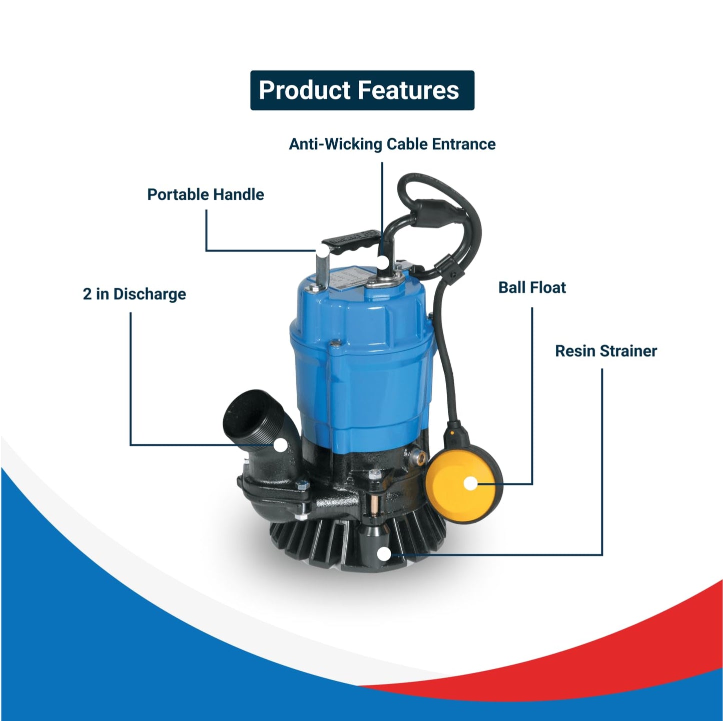 Tsurumi Pump HSZ2.4S Submersible Trash Pump with Float Switch 1/2 HP 115V 2" Discharge for Sand and Solids Dewatering | 53 GPM / 3180 GPH