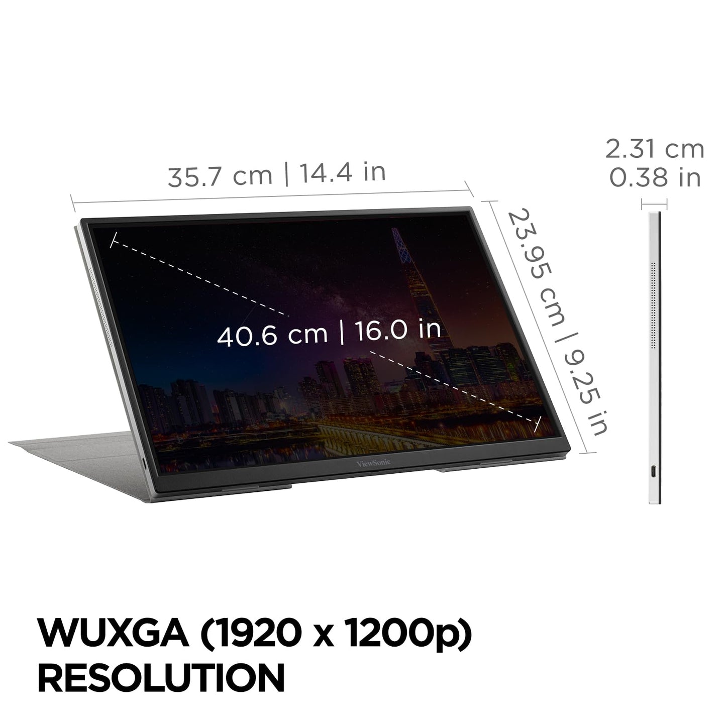 ViewSonic VG1655 15.6 Inch 1080p Portable Monitor with 2 Way Powered 60W USB C, IPS, Eye Care, Dual Speakers, Built-in Stand with Magnetic Cover