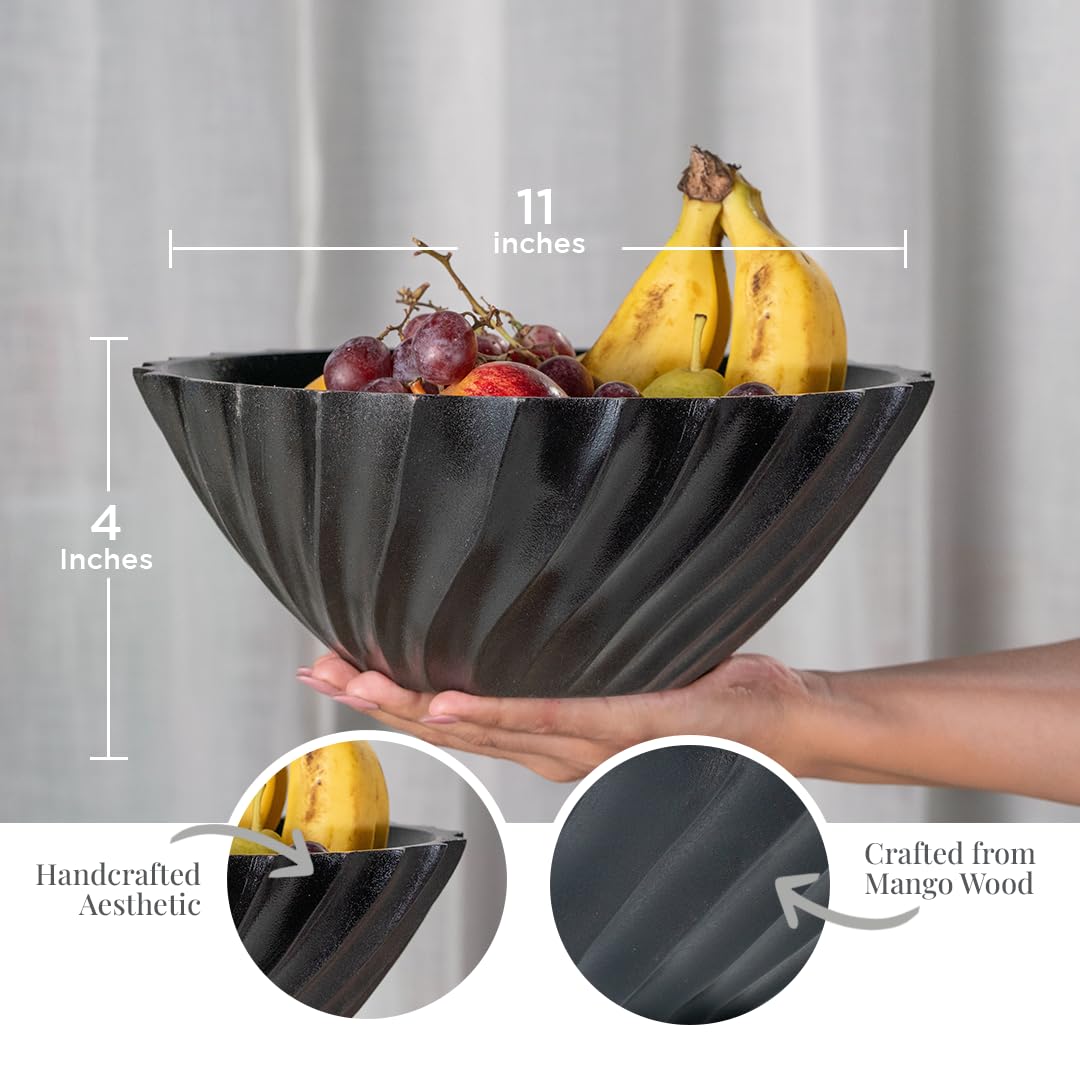 Folkulture Black Ribbed Salad Bowl | 11” Large Mango Wood Serving Bowl | Modern Wooden Bowl for Salad, Fruit & Pasta | Kitchen Island & Dining Table Décor