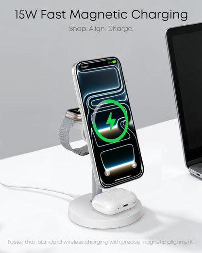 3 in 1 Magnetic Wireless Charging Station, 15W Fast Charger Stand for iPhone, Phone Charger Stand for Desk Nightstand, Compatible with iPhone 17/16/15/14, Apple Watch & AirPods, Adapter Not Included