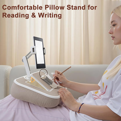 WISFISSH Tablet Pillow Stand with Snack Bowl and Writing Board, 360° Rotating Phone Holder for 4.7-13" Phone Kindle Tablet, Pillow Kindle Holder for Reading in Bed, Couch,Recliner,Floor Etc-Beige