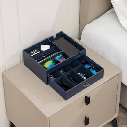 ProCase 2 Layers Valet Tray Gift for Men, Nightstand Organizer EDC Dump Catchall Trays with Phone Charging Station, Dresser Top Table Beside Entryway Storage Box -Black