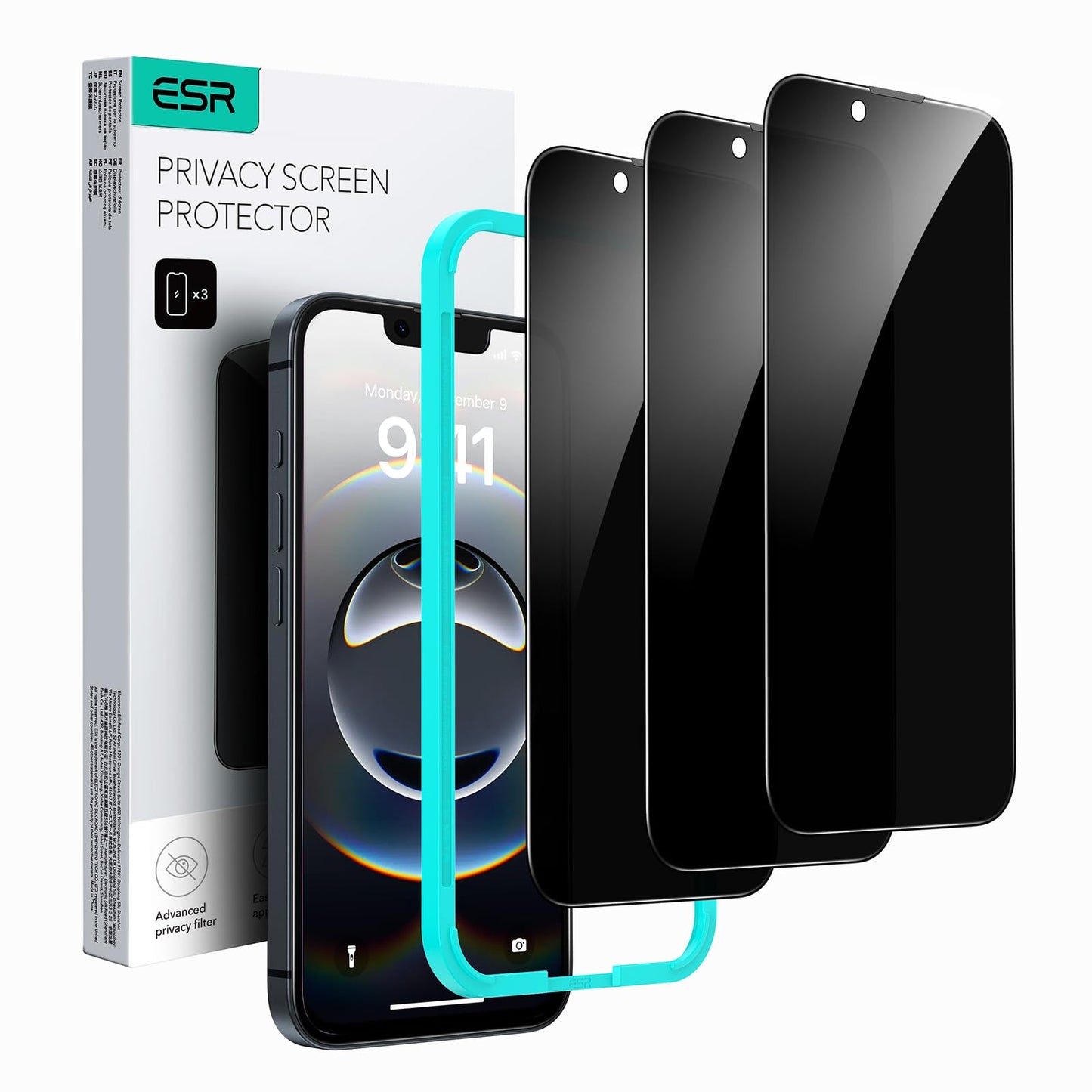 ESR 3 Pack for iPhone 15 Pro Max Screen Protector, [9H Hardness] [Military Grade Shatterproof] Full Coverage Tempered Glass Film with Easy Installation Tool, HD Clear, Scratch Resistant