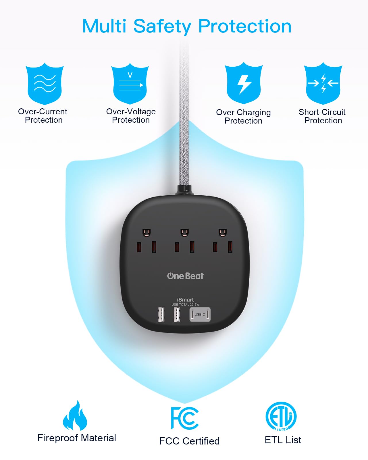 Flat Plug Power Strip, 6ft Ultra Flat Extension Cord - 3 Outlets 4 USB Ports (2 USB C) 22.5W/4.5A Desktop Charging Station, Power Strip No Surge Protection for Cruise Ship, Dorm Room Travel Essentials