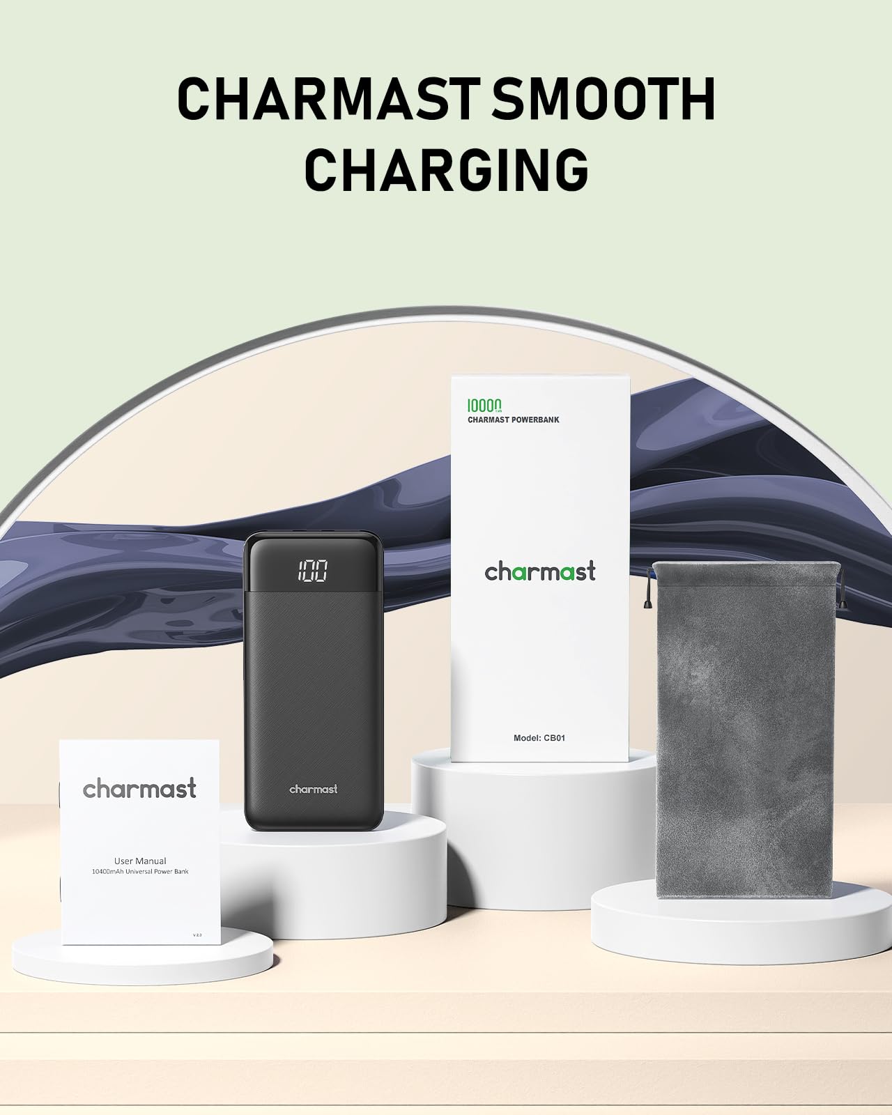 charmast Portable Charger with Built in Cables, 10000mAh Slim Power Bank, 15W USB C in&Out Port High Speed Charging External Charger, Battery Pack Compatible with iPhone 16 15 13 Samsung Google iPad
