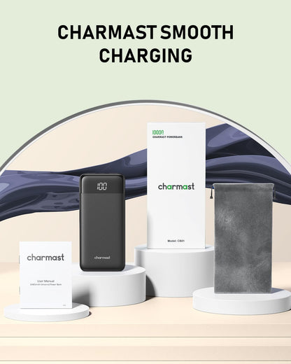 charmast Portable Charger with Built in Cables, 10000mAh Slim Power Bank, 15W USB C in&Out Port High Speed Charging External Charger, Battery Pack Compatible with iPhone 16 15 13 Samsung Google iPad