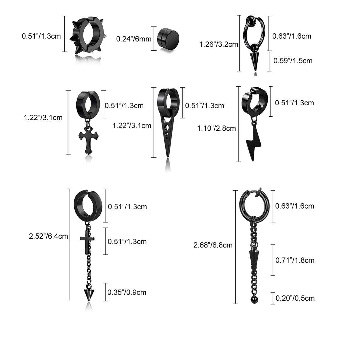 14 Pcs Black Punk Stainless Steel Fake Piercing Spike Rivet Cross Triangle Dangle Tassel Clip on Hoop Earrings Set for Women Men, Non Pierced Fake Stud Earrings (Black-Set A)