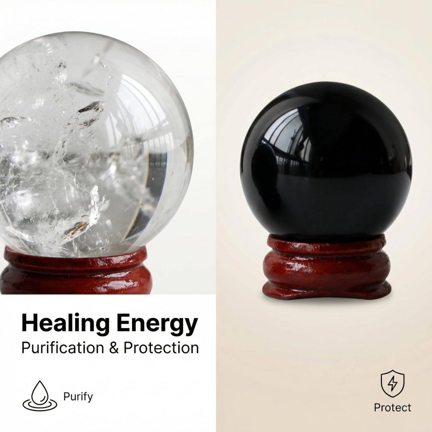 Natural Clear Crystal Ball Sphere with Red Wooden Stand Hand-Carved Quartz Gemstone Home Decor Office Desk Ornament Yoga Meditation Mindfulness Zen Decor Gift ((Clear Quartz+Obsidian) Gift Box Set)