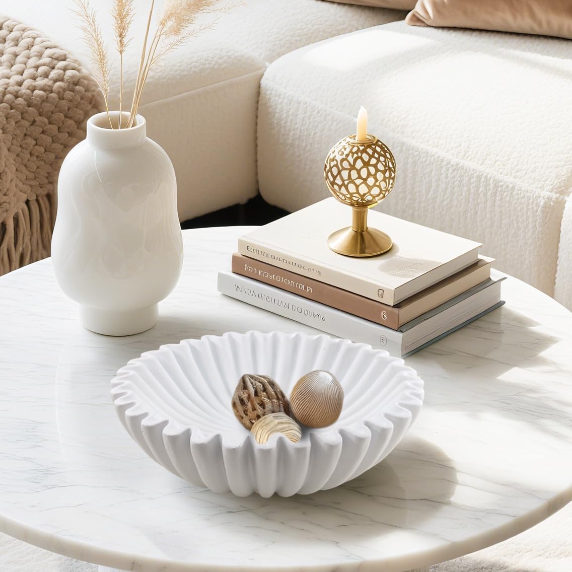 Plukers Large Modern Decorative Ruffle Bowl for Home Decor Fruit Bowl Organic Catch All Key Kitchen Entryway Shelf Coffee Table,White