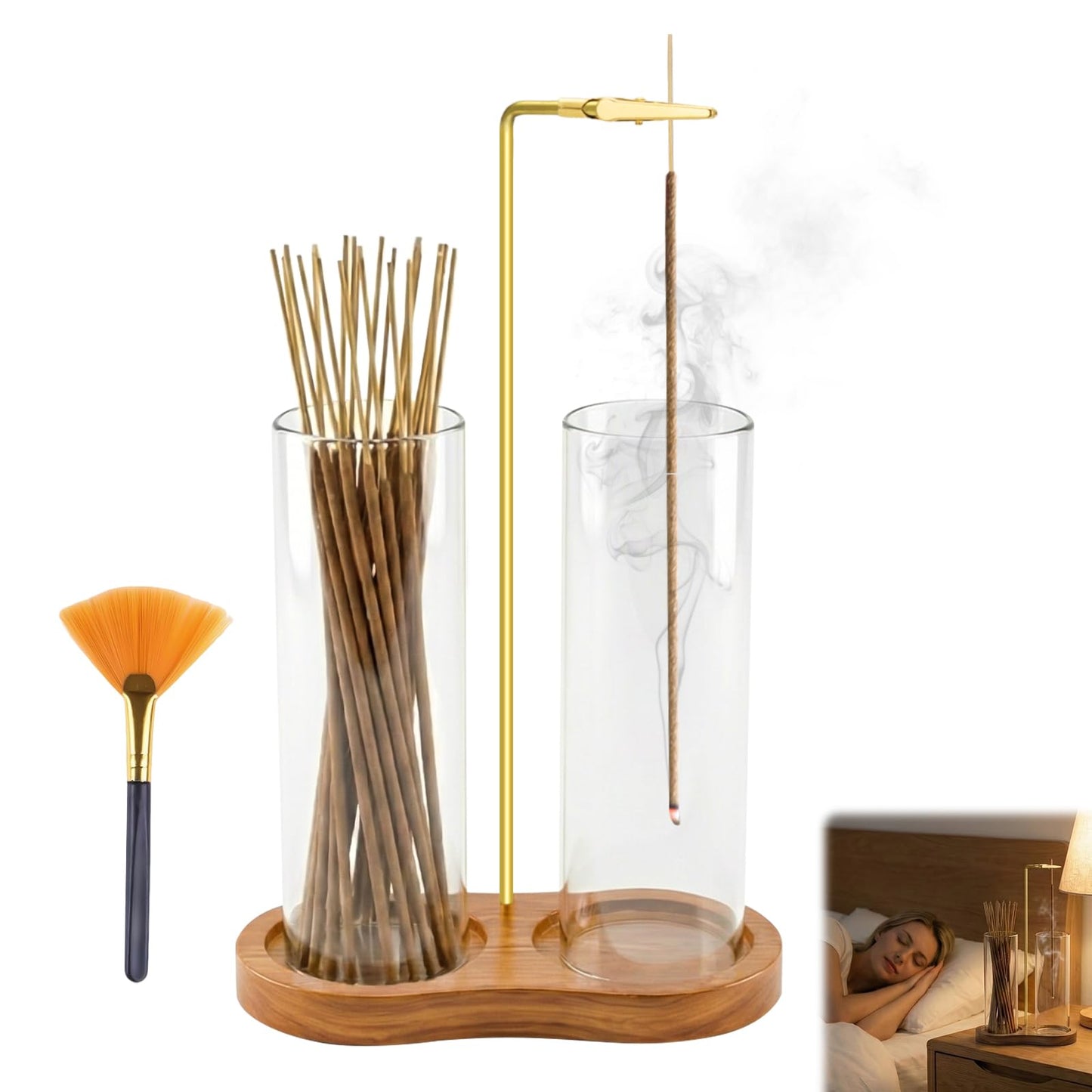 VELQUA Glass Incense Holder, 2 in 1 Incense Burner Holder with Storage, Hanging Upside Down Incense Sticks Holder with Glass Ash Catcher for Meditation Yoga Spa Room Decor