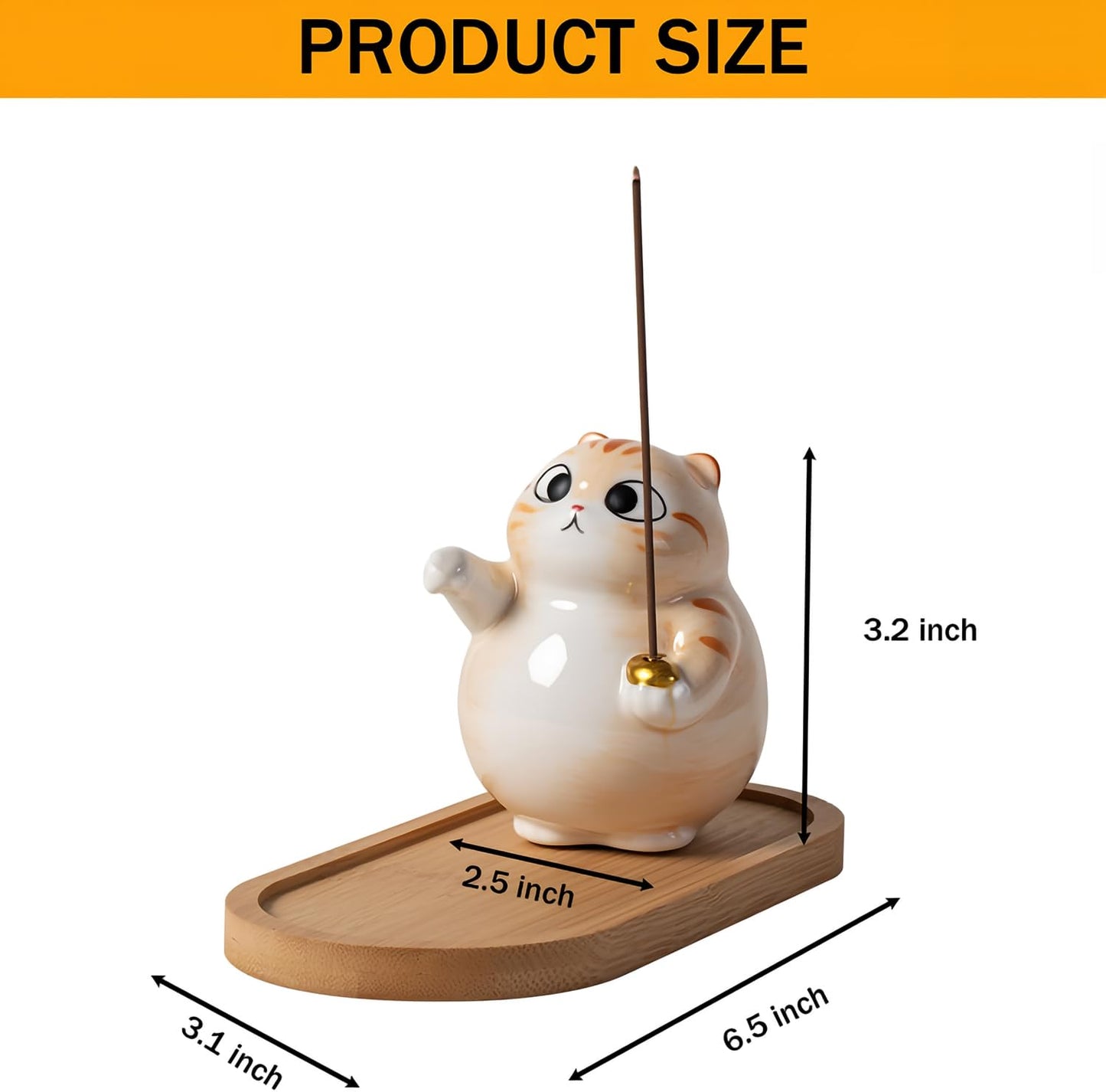 ZKSYLSM Cat Incense Holder - Cute Ceramic Incense Burner with Bamboo Ash Catcher Tray, Orange Tabby Cat Meditation Decor for Home Office, Zen Desk Accessories (3.4" L x 2.8" W x 3.5" H)