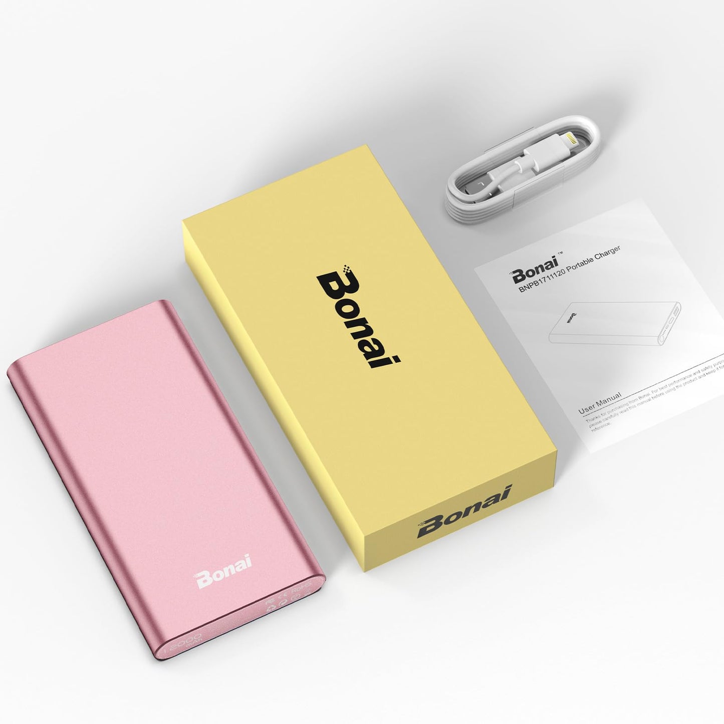 BONAI Portable Charger 12,000mAh 5V/3A Fast Charging Power Bank, Dural Input & Output Ports (USB-C in & Out) Portable Phone Charger for iPhone 17/16/15/14/13/12 Series Galxy Android iPad etc- Pink