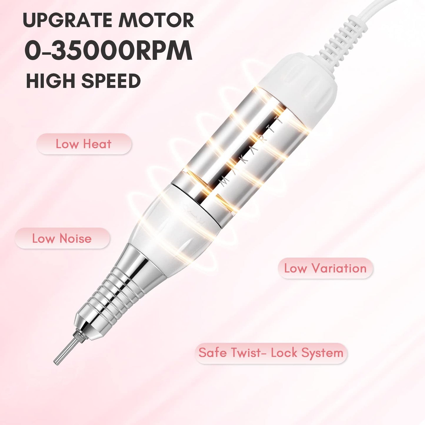 Makartt Electric Nail Drill - 35000RPM Rechargeable Efile with Coreless Motor, Nouvella Portable Nail Filer Machine for Acrylic Gel Removal with Drill Bits Set, Black