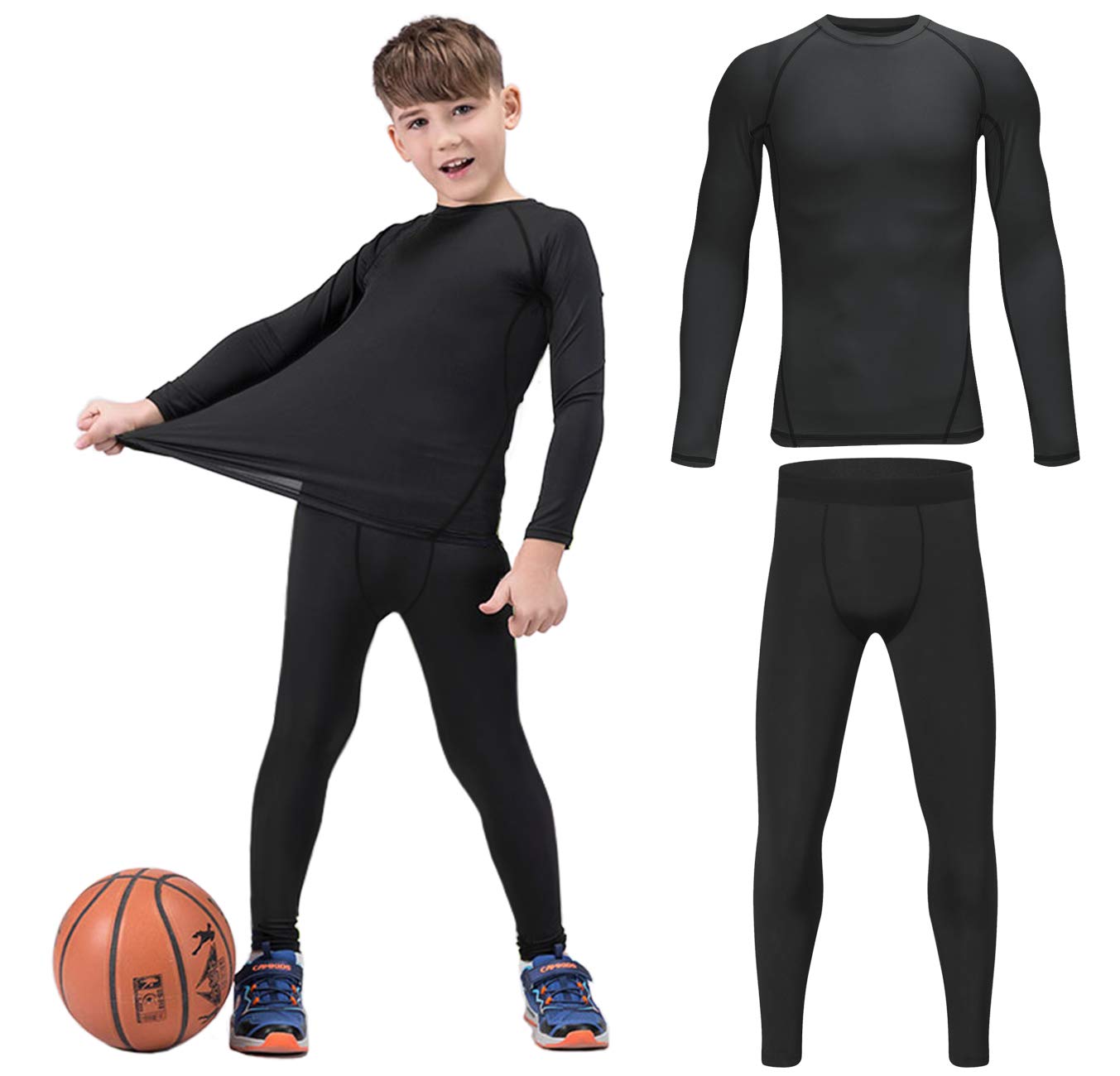HOPLYNN Youth Boys' Compression Leggings Athletic Shirt Tights Top Base Layer Set Sports Youth for Kids Balck S