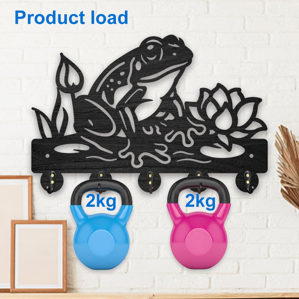 MAYJOYDIY Wooden Frog Lotus Flower Coat Hooks Summer Pond Key Holder for Wall 11.8×7.9inch Decorative Wall Hooks for Hanging with 5 Alloy Hooks for Entryway Kitchen Office Gift