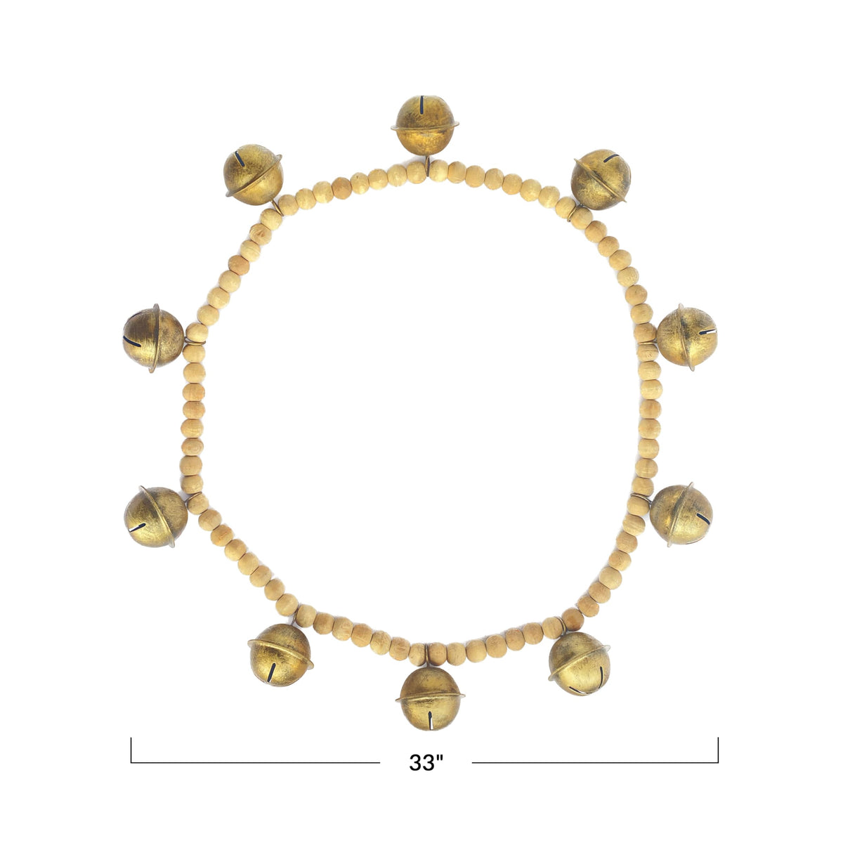 Creative Co-Op Wood Bead and Metal Bell Garland, Natural and Antique Gold Finish