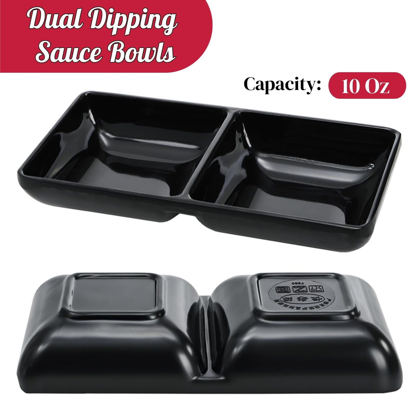 Jowgut 12 Pieces Dual Dipping Sauce Bowls, Melamine Soy Sauce Dish with 2 Compartments, Divided Fondue Plate Appetizer Plate for Restaurant Kitchen Parties Condiments Sauce Ketchup Dishwasher Safe