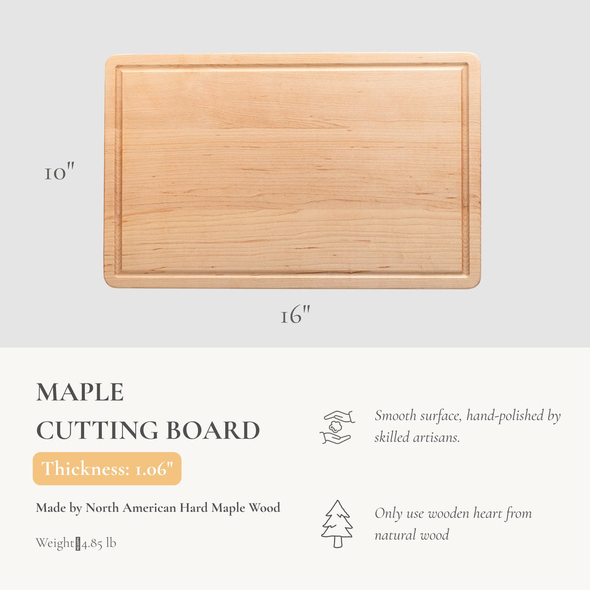 Vandroop Hard Maple Cutting Board for Kitchen - 16"x10"x1.06" Reversible Wood Chopping Board with Juice Groove, Edge Grain Butcher Block