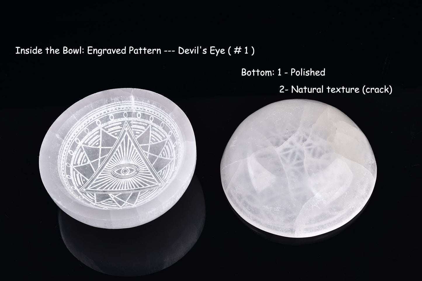 AMOYSTONE 4" Round Selenite Stone Bowl Dish Hand Carved Demon Eye #1 Crystal Charging Station Healing Bowl