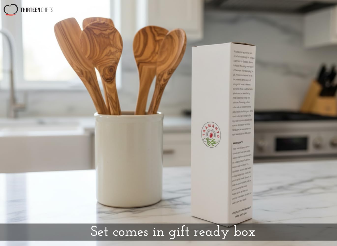 Tramanto Olive Wood Utensil Set - 5 Piece Spatula and Spoon Wooden Cooking Tools, 12 Inch Long, Rustic Hand Made with Gift Box