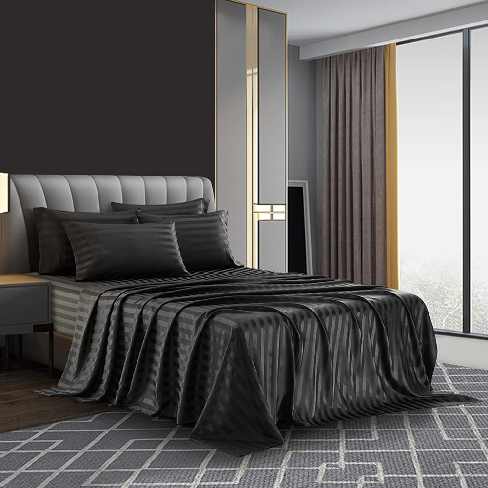 AiMay 4 Piece King Size Satin Bed Sheet Set Striped Italian Style Deep Pocket Solid Color 1800 Series Luxury Silky Super Soft 1 Flat Sheet 1 Fitted Sheet 2 Envelope Pillowcases(Black, King 4pc)