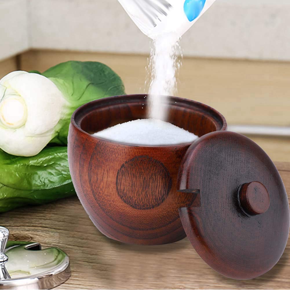TOPINCN Solid Wood Jar Sugar Bowl, Salt Seasoning Box Japanese Style with Spoon and Lid, Kitchen Storage Container for Sugar Salt