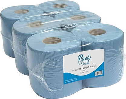 Blake & White Centrefeed Blue Rolls 6 Pack - Purely Smile 2 Ply Tissue Roll for Wiping Surfaces & Drying Hands - 400 Sheets Strong & Ultra Absorbent Blue Roll | PS1214