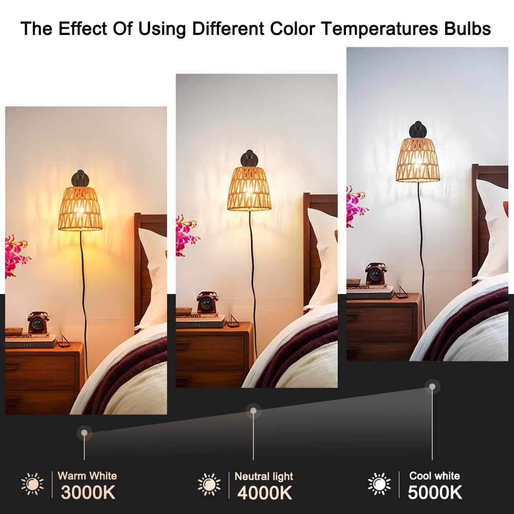 Boho Plug in Wall Sconce Set of 2 – Black Farmhouse Wall Lights with Rattan Shade | Bedroom & Living Room Plug in Wall Lamps for Sofa (5.9FT On/Off Switch Cord)