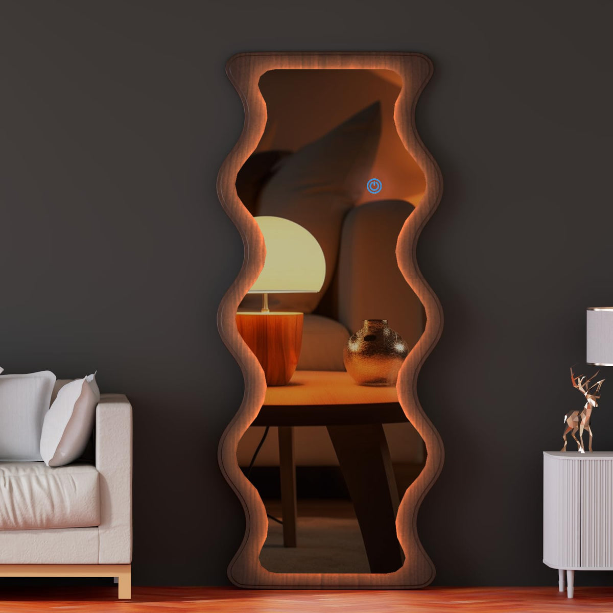osemy 65"x 24" Irregular Wavy LED Full Length Mirror with Lights Wood Frame Full Body Mirror, Free Standing/Wall Mounted/Leaning for Dressing Bedroom Living Room Walnut Brown