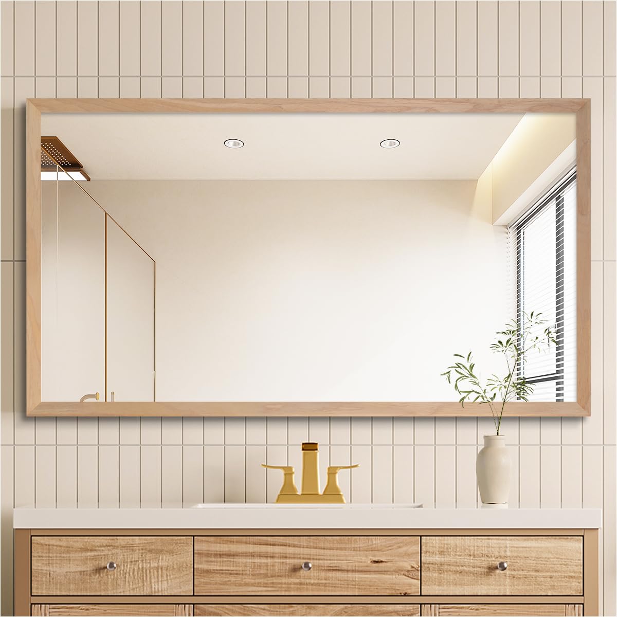 SIEANE 30" x 36" Natural Wood Framed Wall Mirror, HD Rustic Wooden Bathroom Vanity Mirror, Shatterproof, Waterproof, Rectangle Decor Farmhouse, Bedroom, Entryway, Horizontal/Vertical