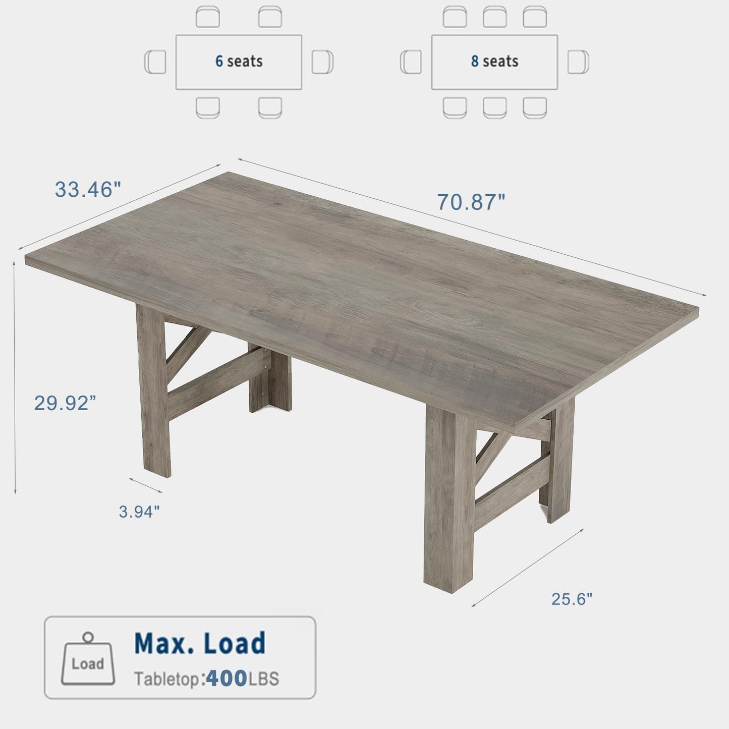 Garvee Wood Farmhouse Dining Table for 6-8, Heavy Duty Large Kitchen Table, 70.87" Long Rectangular Dining Room Tables with Strong Legs, Thickness Tabletop, for Big Family, Dinette, Rustic Gray