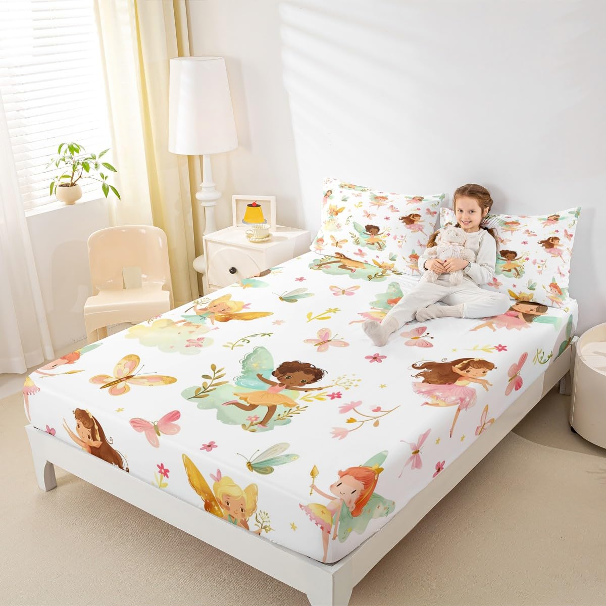 Erosebridal Fairy Twin Fitted Sheet for Girls - Butterfly & Floral Bedding Set for Kids, Cute Pink Flower Fairies Garden Bottom Sheets Only | Girly Princess Bed Set 2 Piece Bedroom Decor