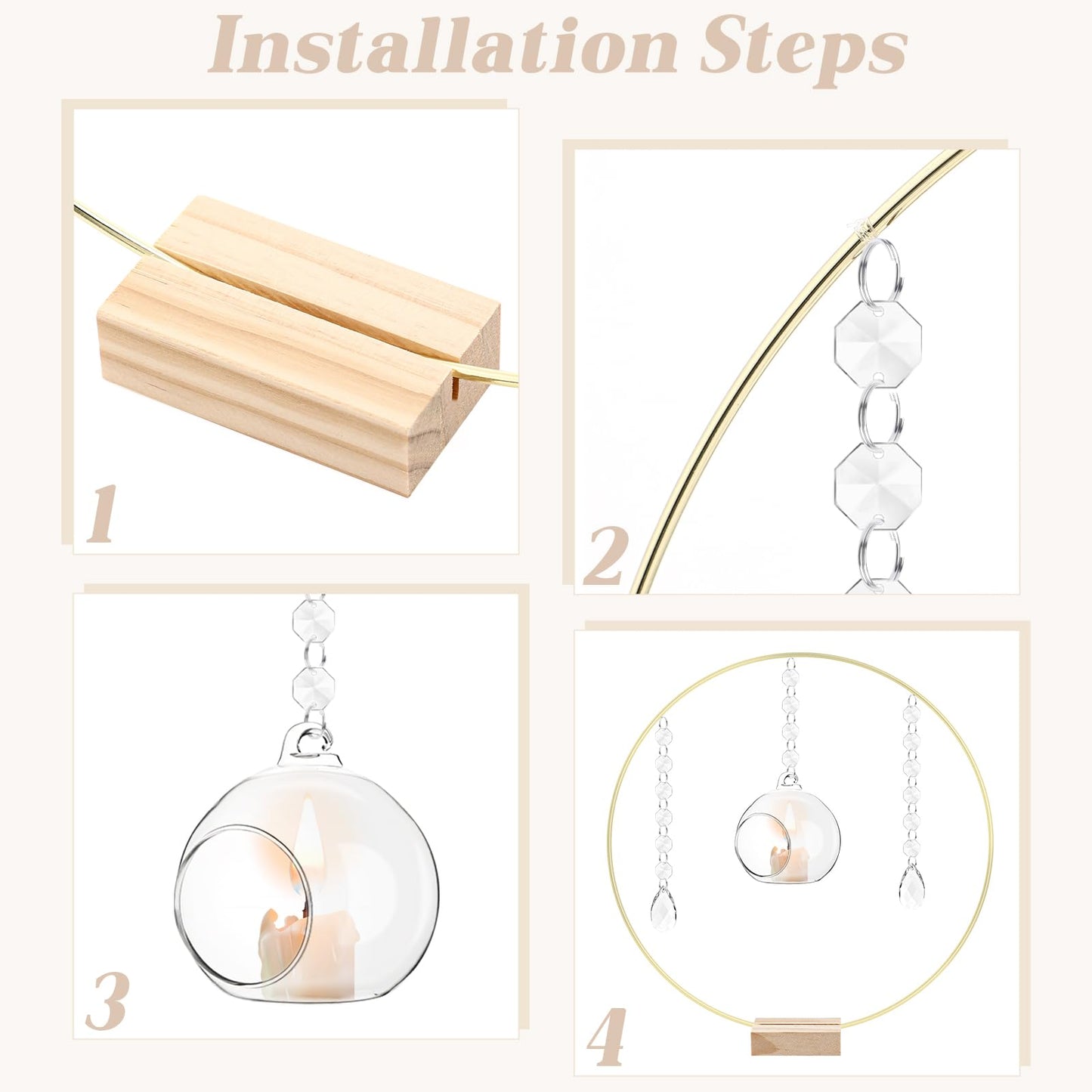 Leinuosen 6 Pack 12'' Metal Floral Hoop Centerpieces Set with Wooden Stand, Hanging Candle Holder, Acrylic Crystal Pendant Garland Crystal Garland String, for DIY Wedding Party Tabletop Decoration